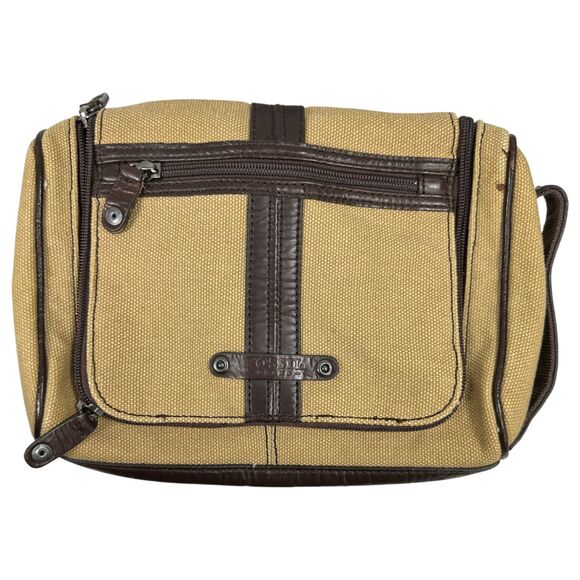 Fossil Canvas Leather Brown Beige Toiletry Cosmetic Travel Bag - Picture 1 of 4